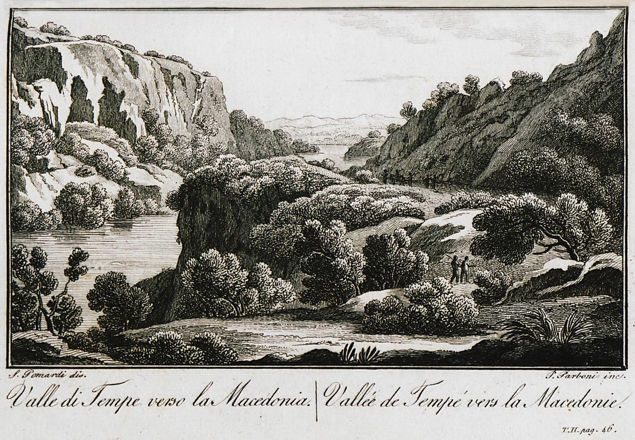 Incisione da - Viaggio nella Grecia fatto negli anni 1804, 1805 e 1806, valle tei Tempi verso la Macedonia